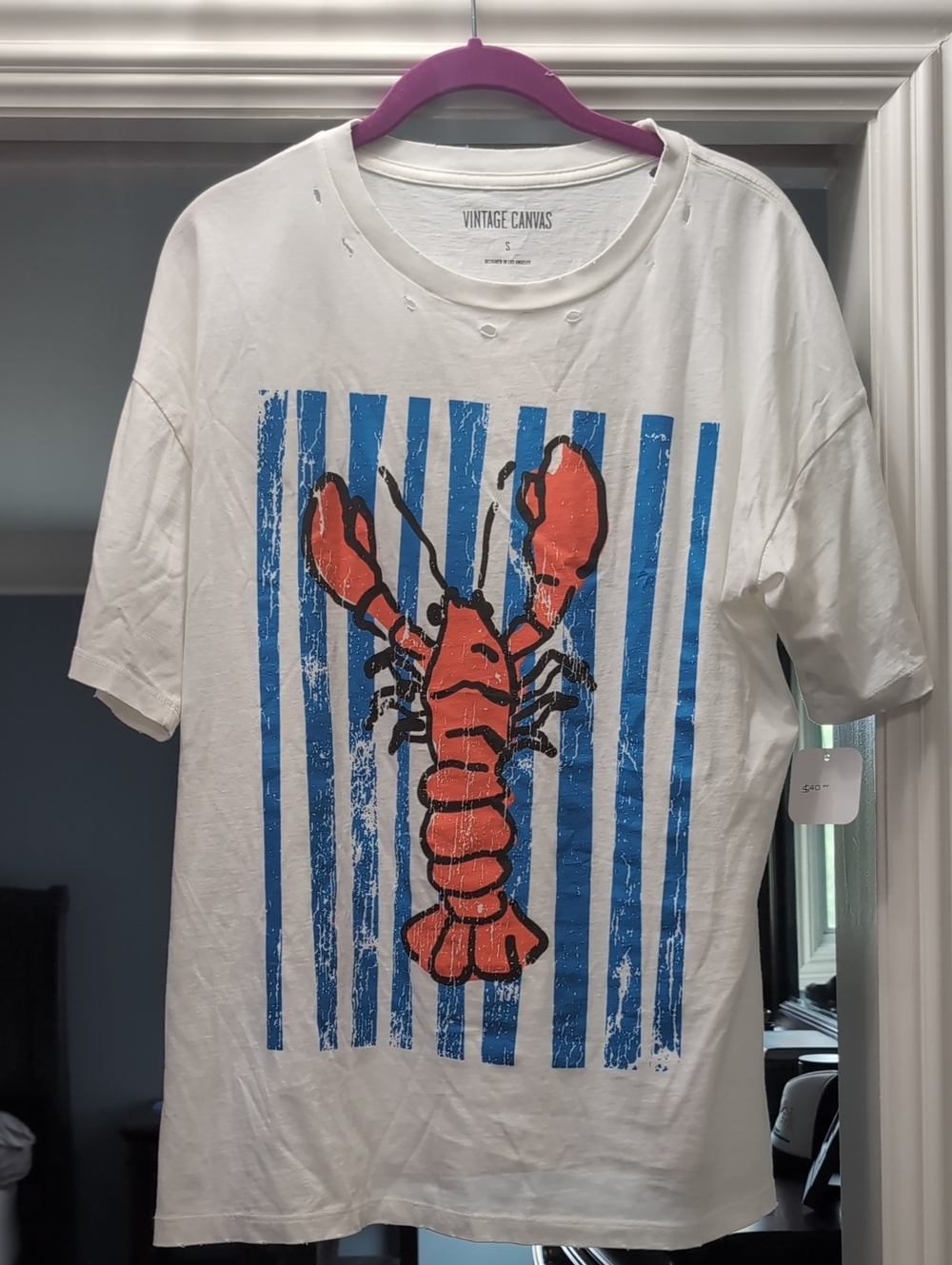 Vintage Canvas White Short Sleeve Tee with Blue Stripes & Red Lobster Graphic